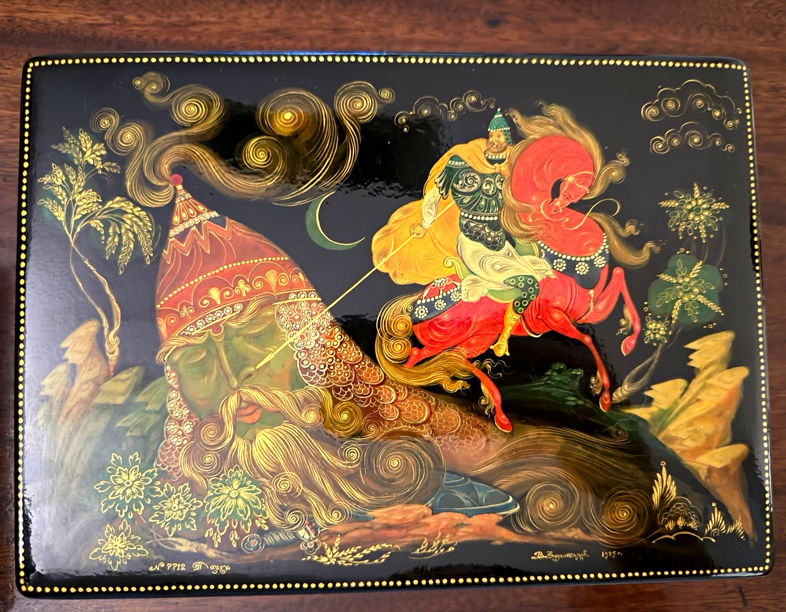 Black Lacquer Hand-Painted Fairy Tale Rider Trinket Box, Made in USSR Black Lacquer Hand-Painted Fairy Tale Rider Trinket Box, Made in USSR