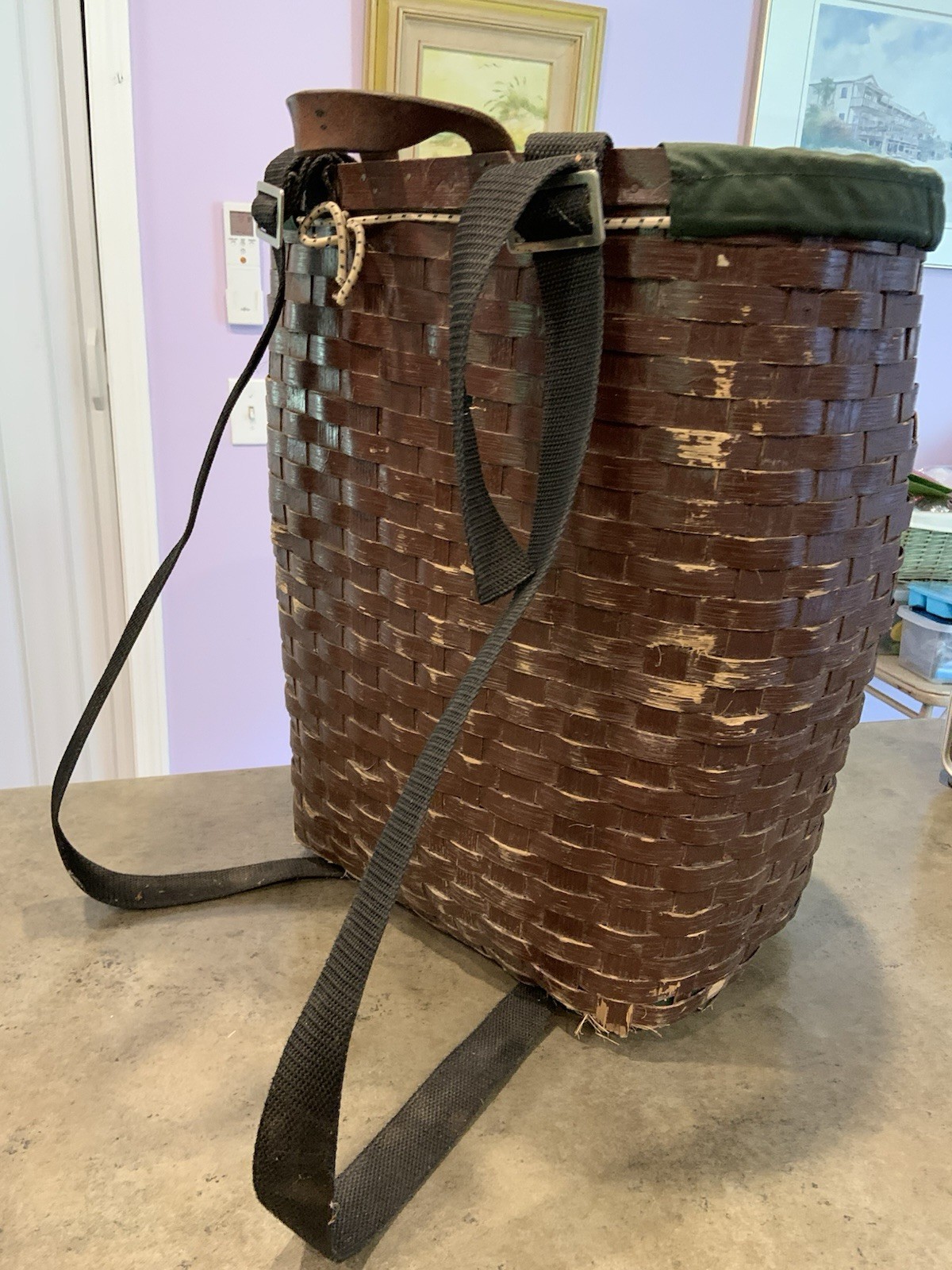 Vtg Hand Woven Lines Adirondack Trapper Back Pack Basket See Pics For Condition