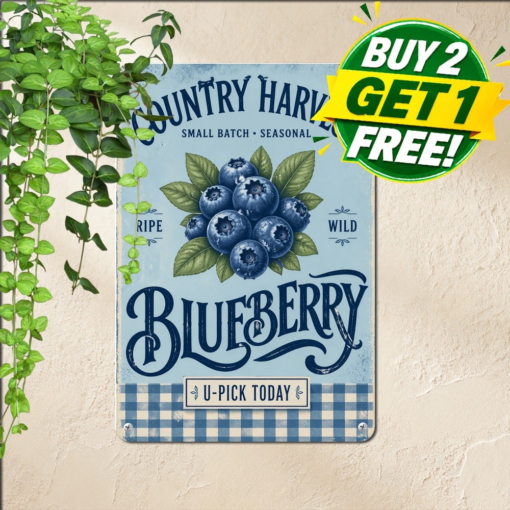Blueberry Farm Vintage Rustic Typography Poster Kitchen Metal Tin Sign Plaque