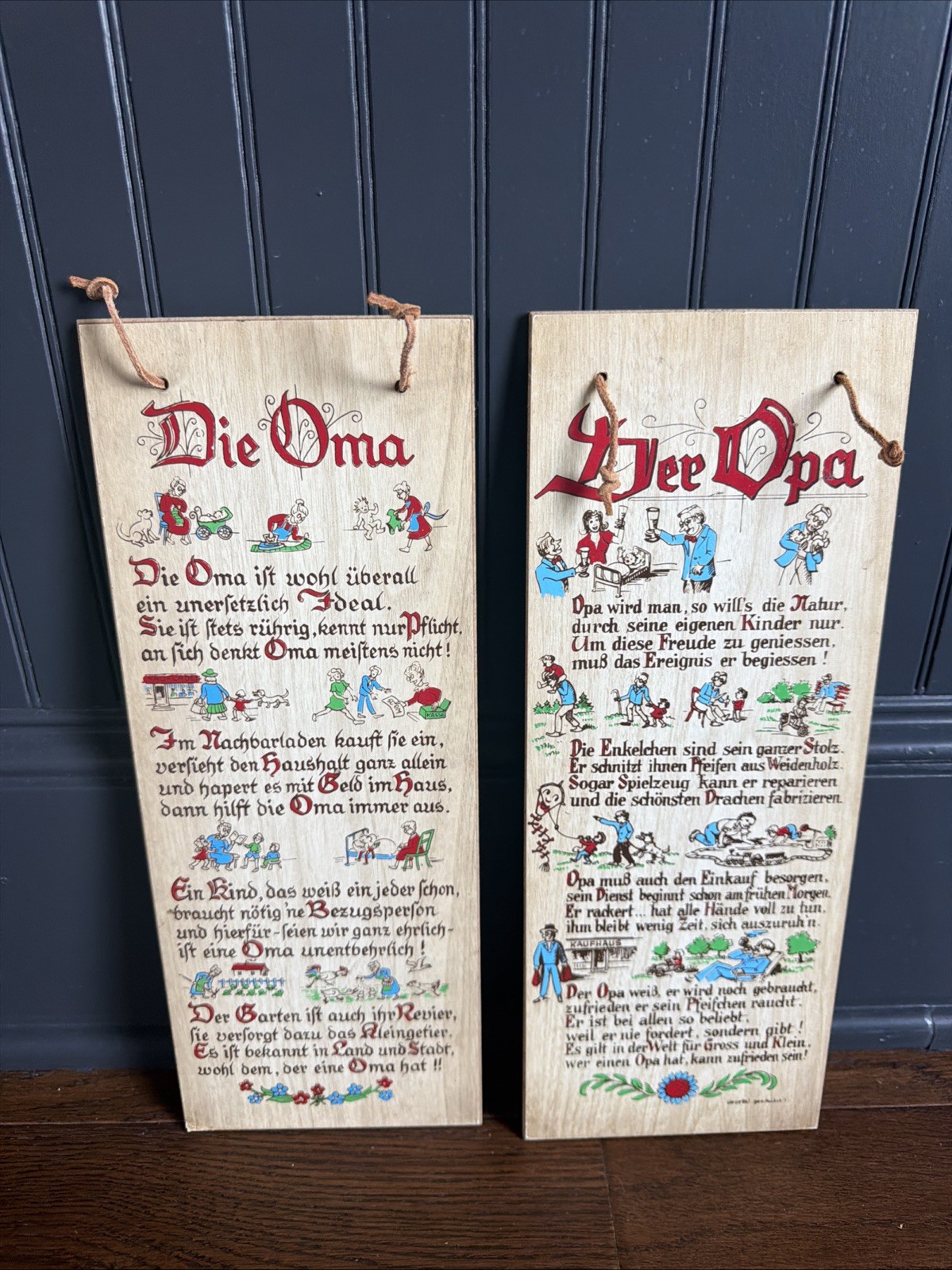 2 Vtg German Novelty Wooden Plaques Wall Decor Der Opa & Die Oma 14.5x5”