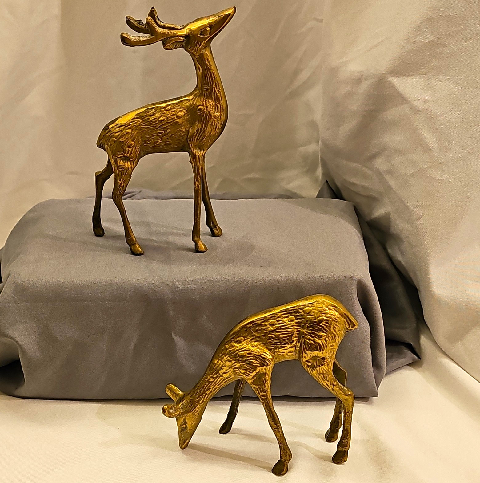 Pair Vintage MCM Cast Brass Stag Doe Deer Figurines Spotted Heavy 6 Inch Tall