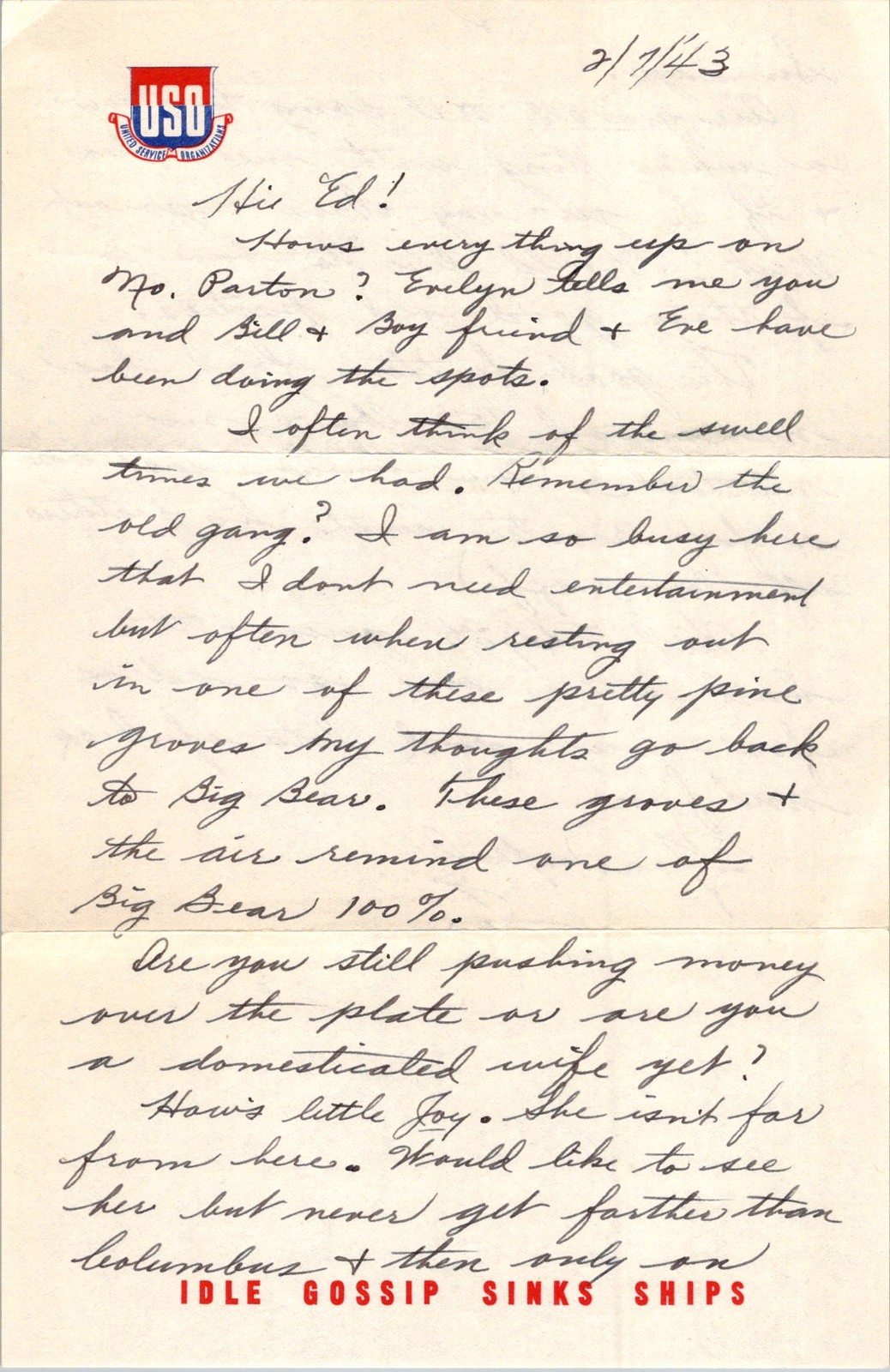 1943 USO WWII Letter Jae to Ed Big Bear Wartime Stationery Columbus Ohio 1943 USO WWII Letter Jae to Ed Big Bear Wartime Stationery Columbus Ohio