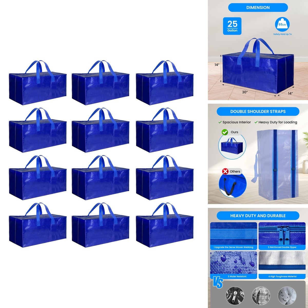 Simple Deluxe 12 Pack Extra Large Moving Bags Blue Backpack Straps