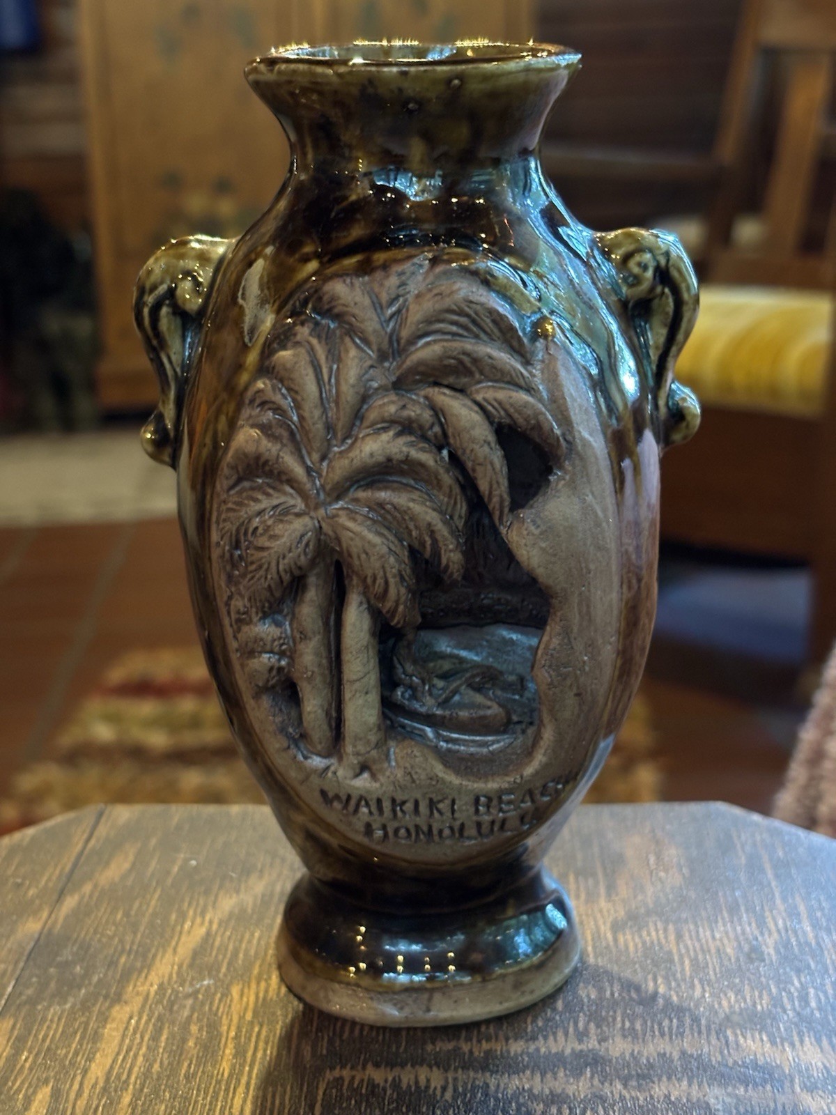 Vtg Waikiki Beach Honolulu Hawaii Souvenir Vase Surfer Palm Tree Japan Relief