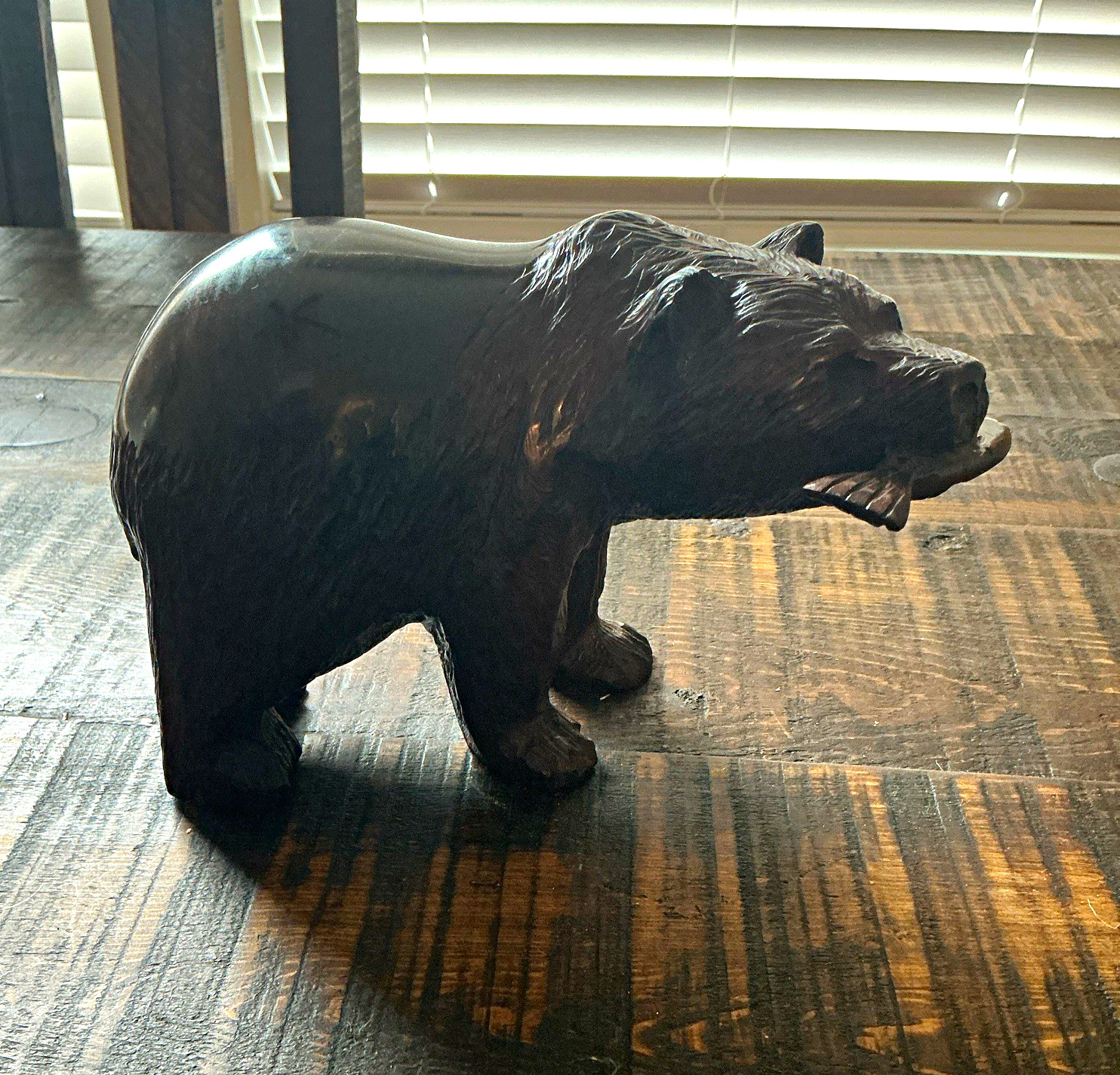 Wood Bear Figurine Carving Holding Fish - Hand Carved Wooden Bear Statue