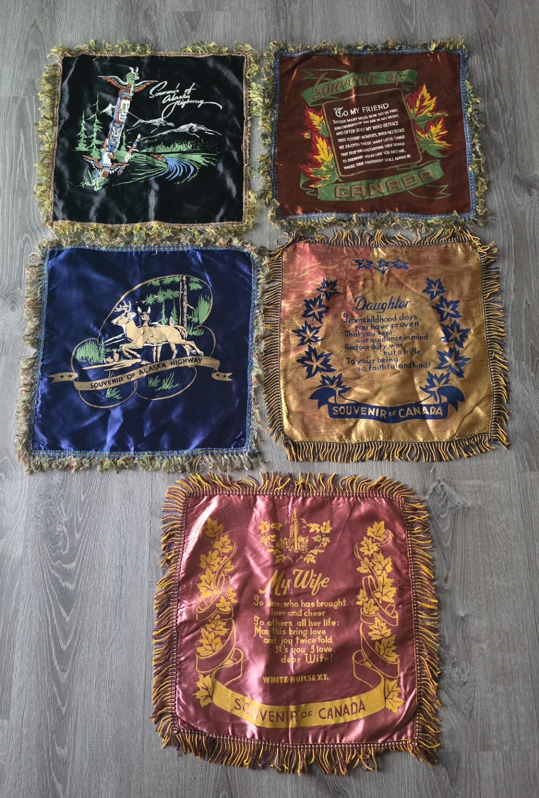 Vtg Lot 5 Satin Tourist Souvenir Pillowcases Alaska & Canada ~ LODGE CABIN 