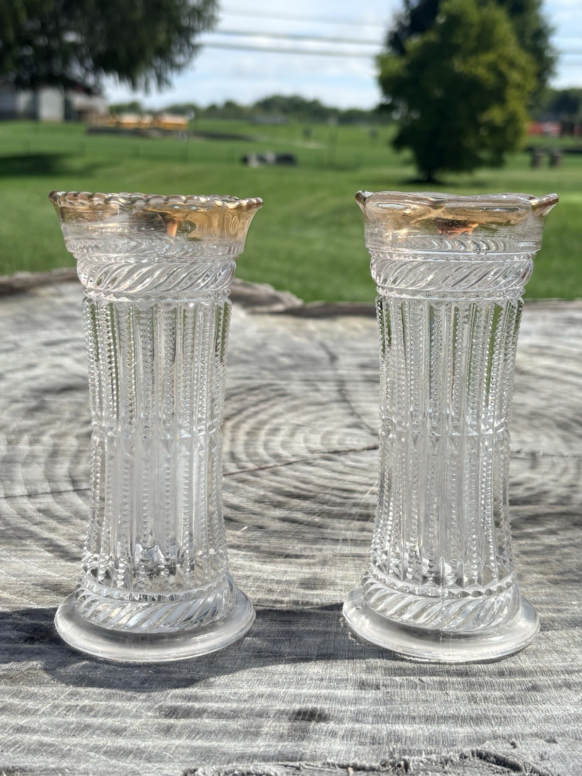 2 - Early American Pressed Glass (EAPG) Vases, Strigil Pattern, Scalloped Edges 2 - Early American Pressed Glass (EAPG) Vases, Strigil Pattern, Scalloped Edges