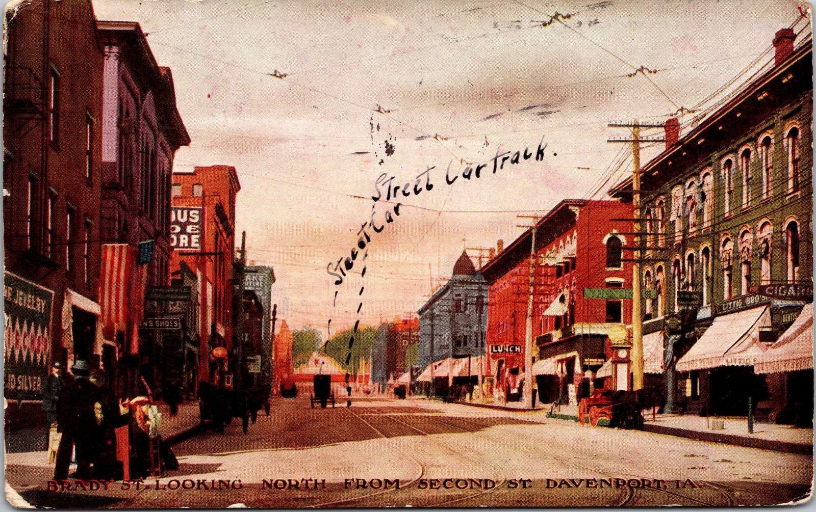 Davenport IA Brady St looking North from Second St Postcard used 1909