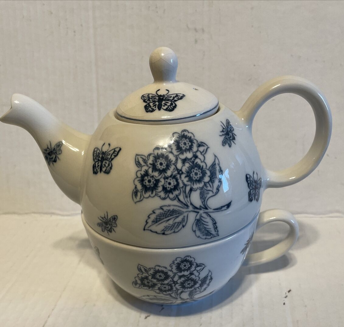 Andrea by Sadek Ceramic 3pc Teapot Cup Tea for One Set Blue White Floral