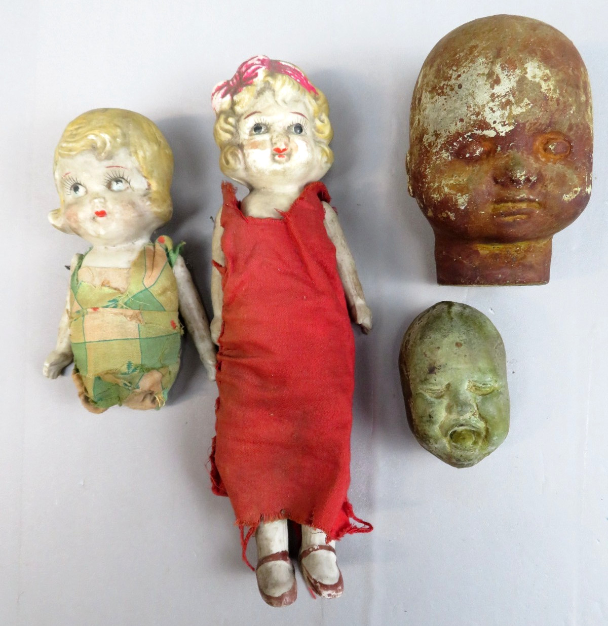 Antique Doll Oddity Lot Bisque Dolls Stone Folk Art Heads Two Face Janus Creepy