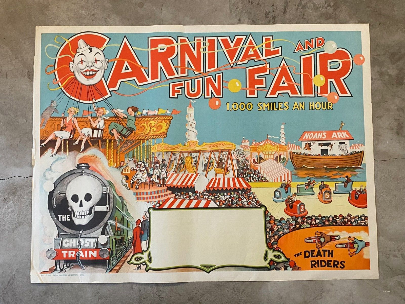 Antique/VTG 30\'s Carnival Fun Fair Poster, Motorcycle Death Riders, Ghost Train Antique/VTG 30\'s Carnival Fun Fair Poster, Motorcycle Death Riders, Ghost Train