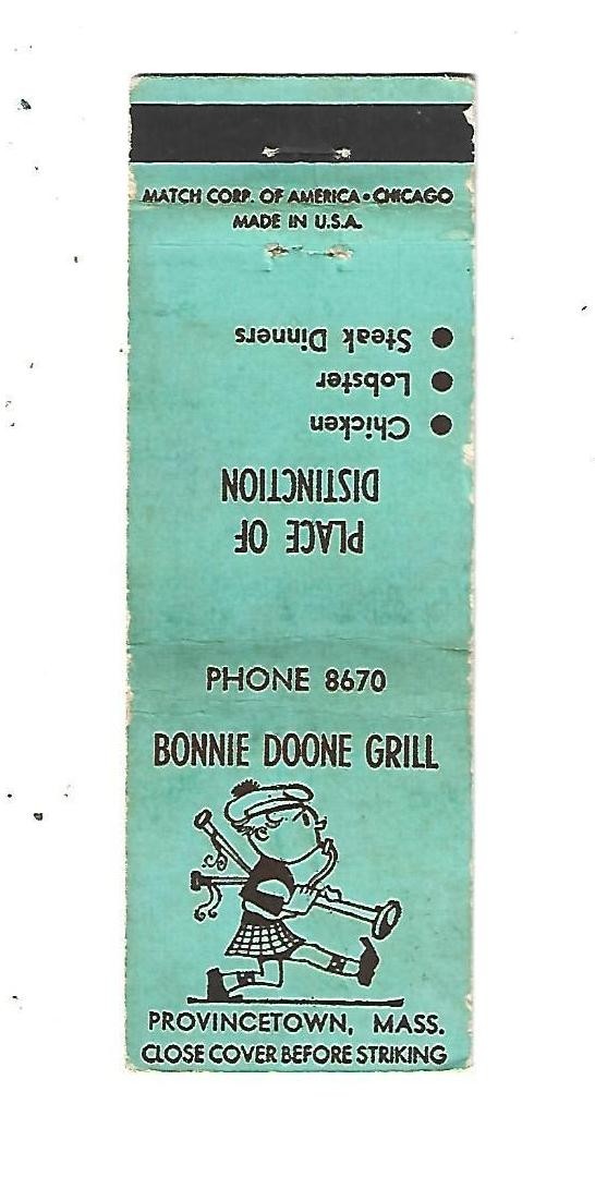 Bonnie Doone Grill  Matchcover  Provincetown, MASS.