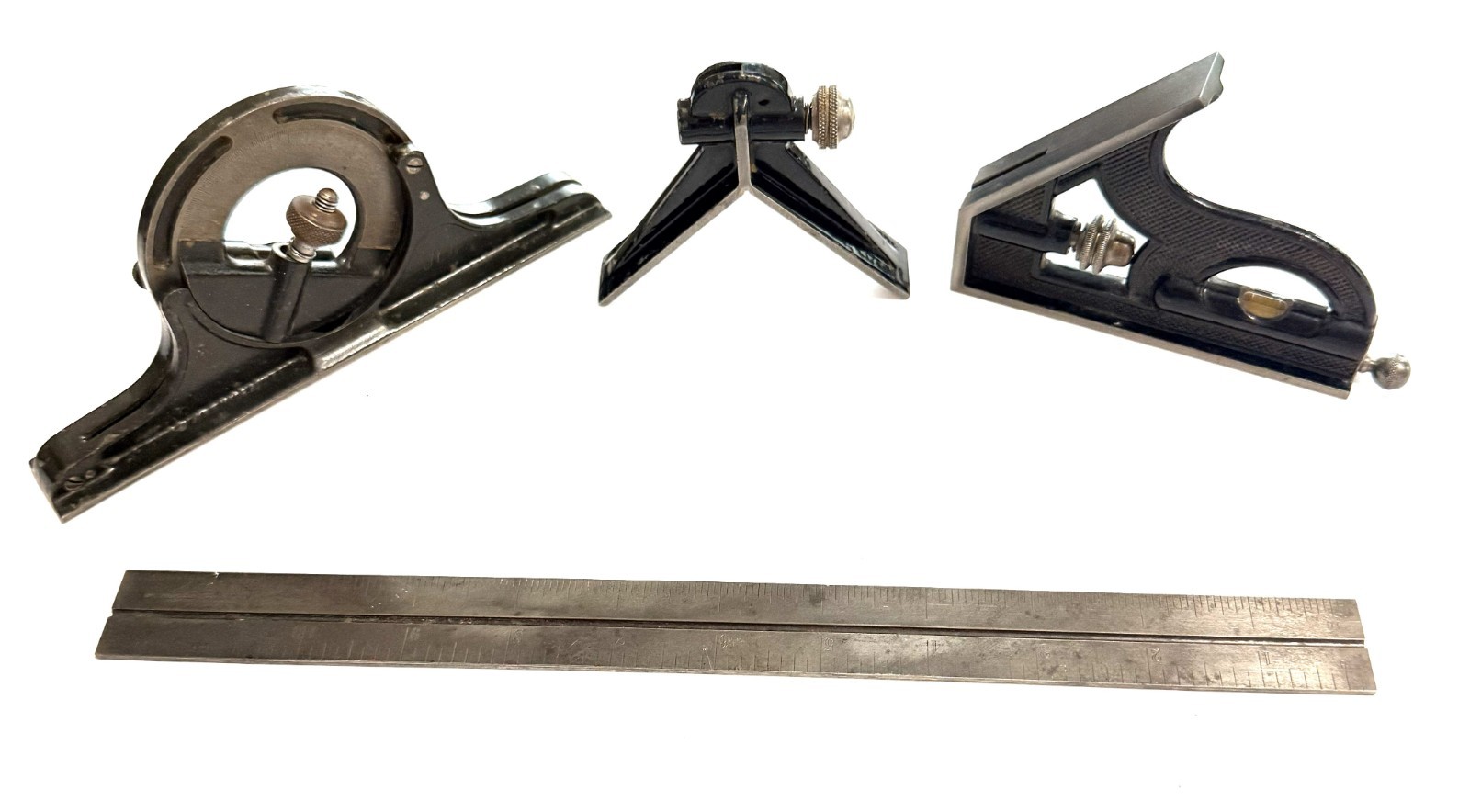 Vintage L.S.S. Co. Starrett 4-Pc Combination Square Set 12 Vintage L.S.S. Co. Starrett 4-Pc Combination Square Set 12