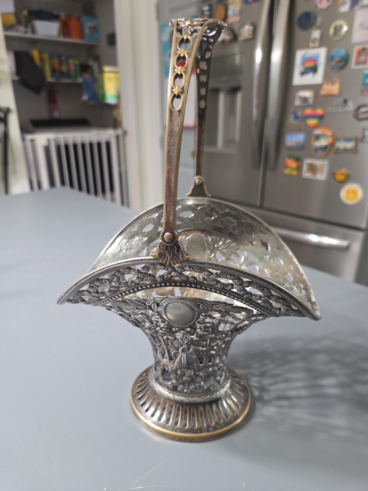 Beautiful Vintage Pierced Silverplate Basket& Folding Handle -No Glass Insert Beautiful Vintage Pierced Silverplate Basket& Folding Handle -No Glass Insert
