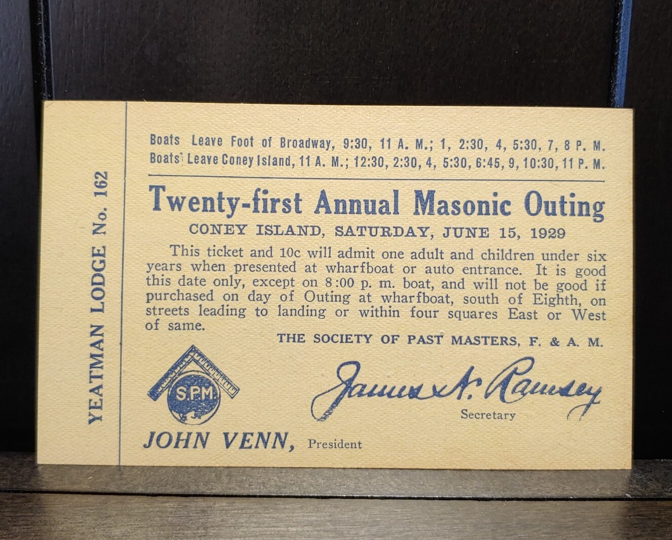 1929 Coney Island 21st Annual Masonic Outing Ticket Free Masons Cincinnati Ohio