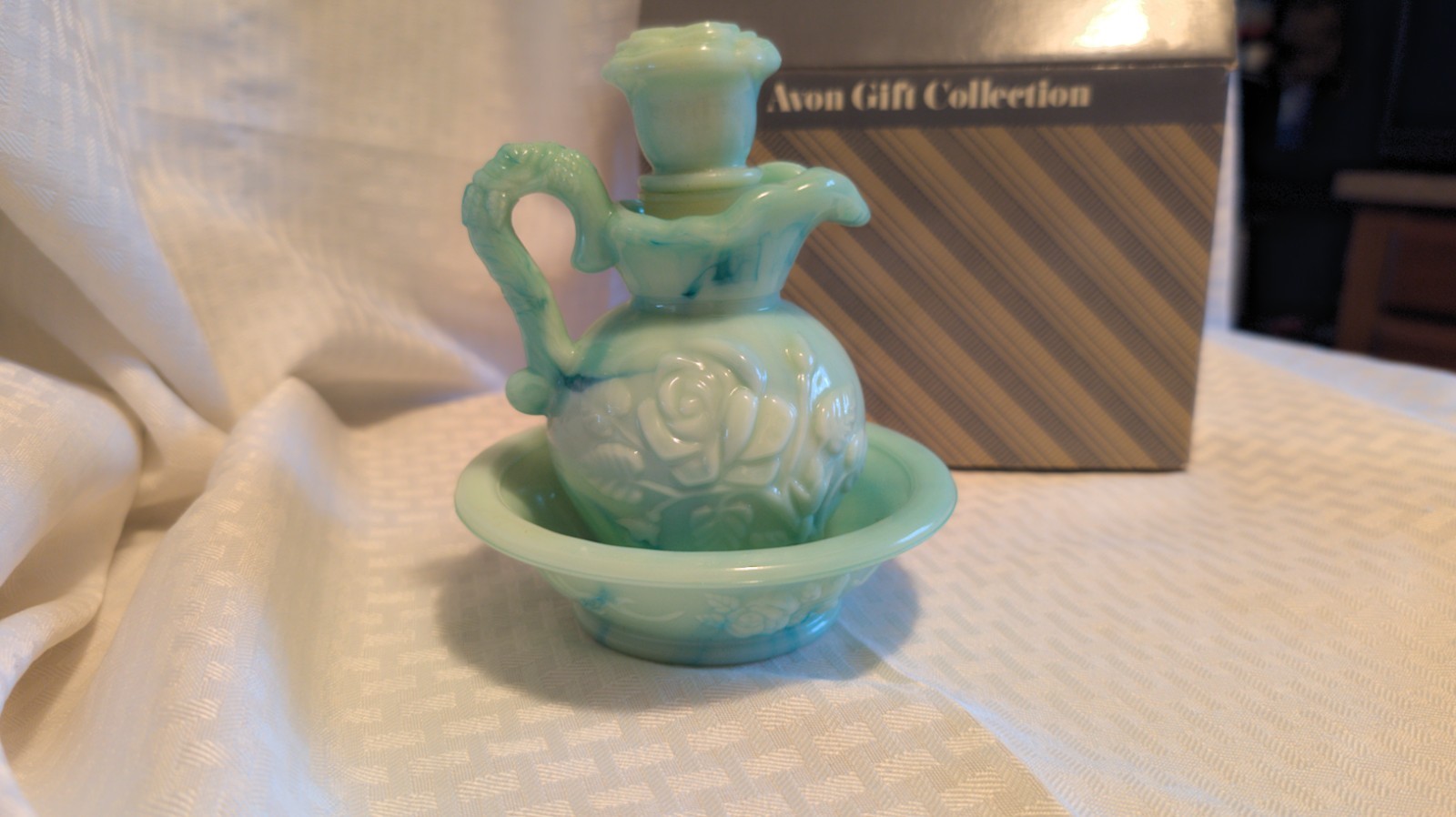 Avon Vintage 1970\'s Blue-green Milk Glass Pitcher Plate Stopper And Box.