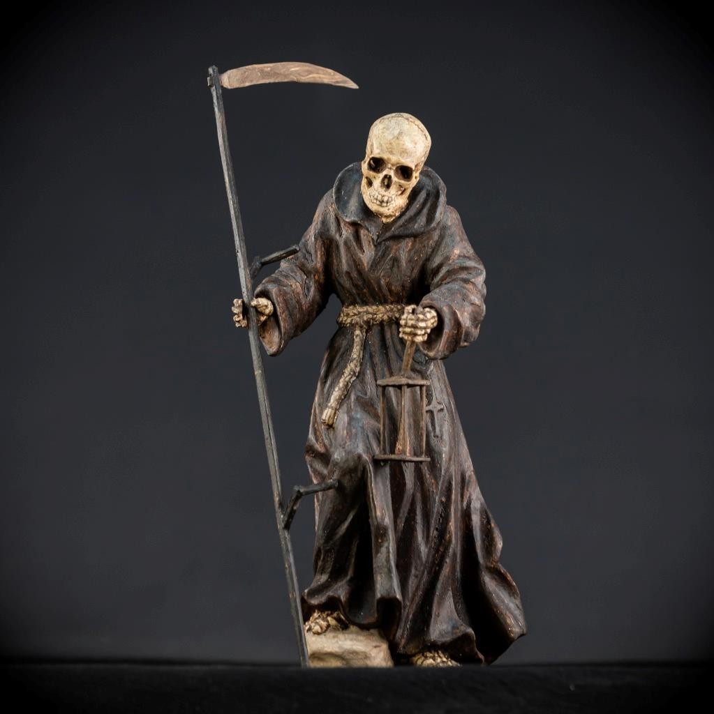 Memento Mori Wooden Statue | Austria 1700s Antique Death Carving Figure | 16.1”
