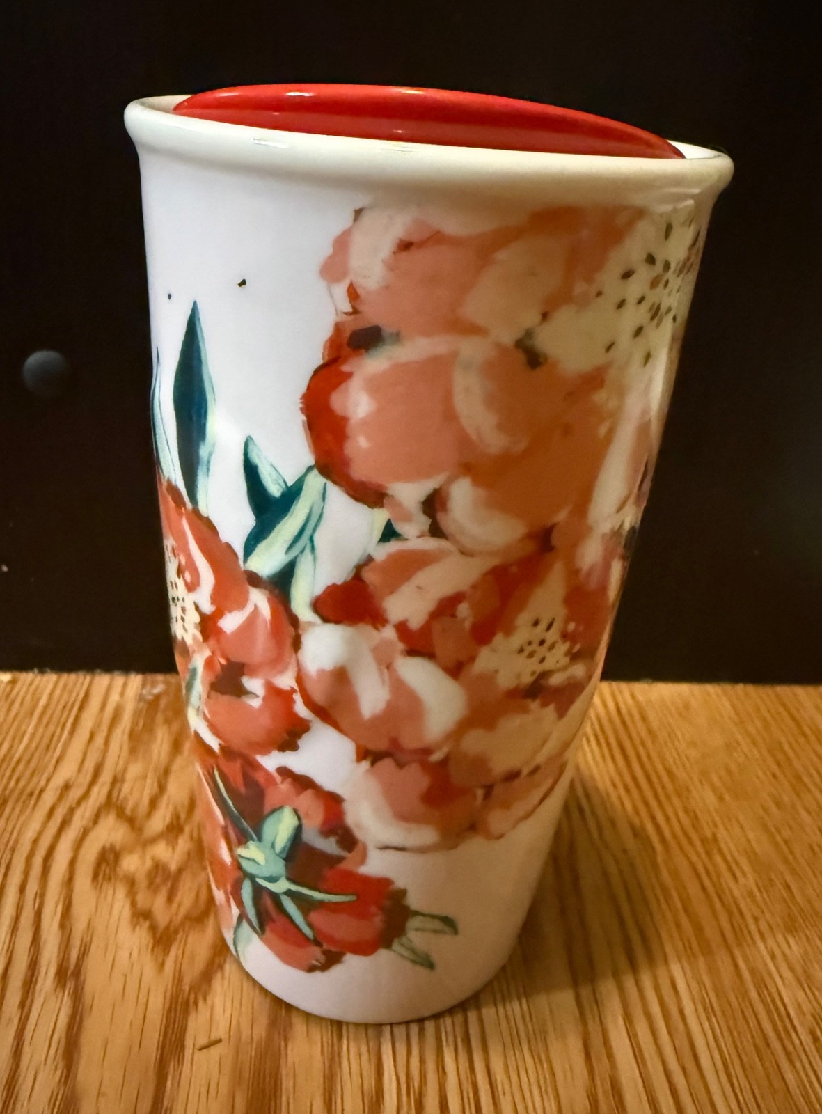 2015 Starbucks Floral Red Flowers Ceramic Travel Cup Tumbler 10oz Dot Collection