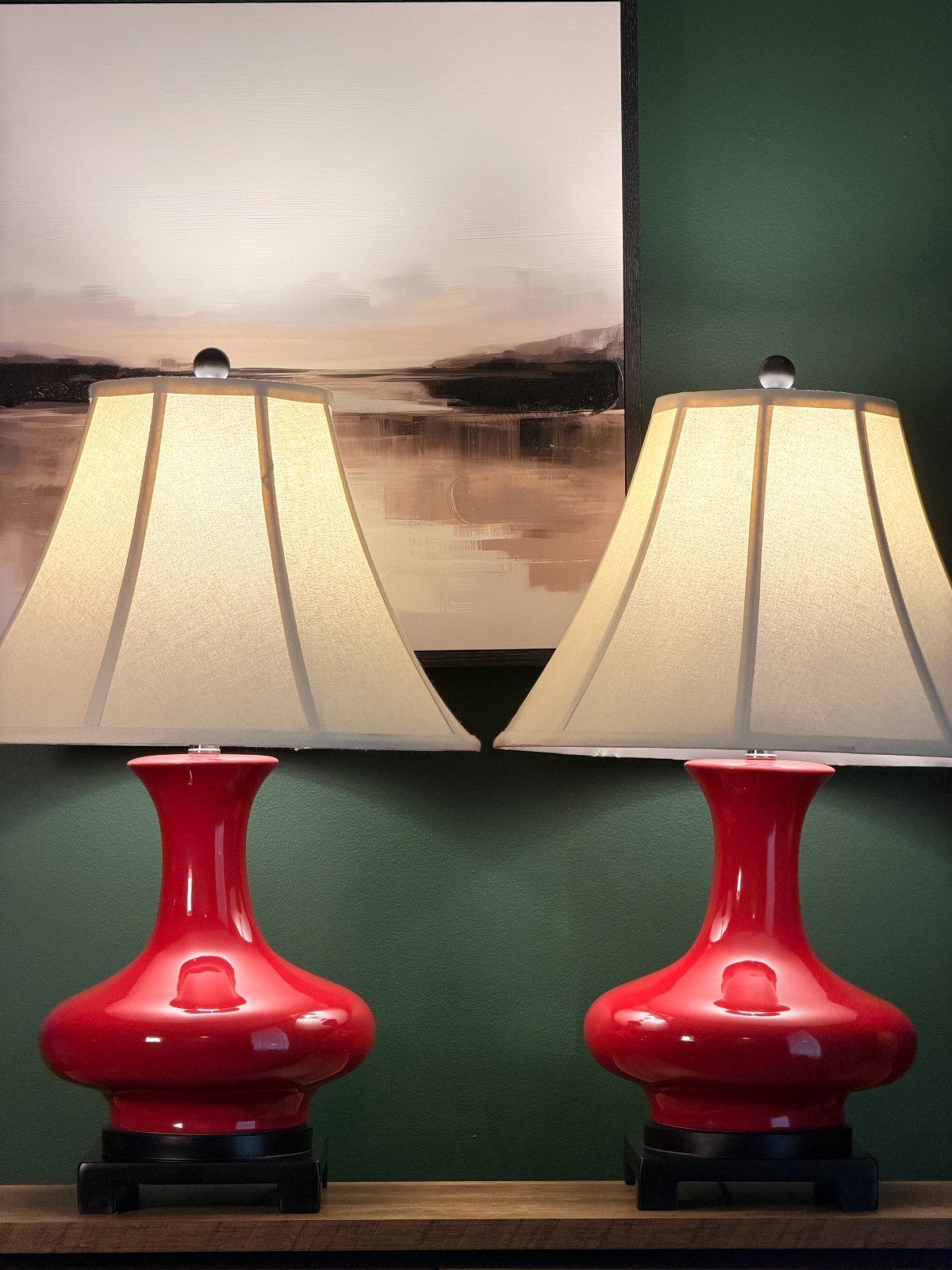 Pair Vintage Oxblood Red Glazed Ceramic Baluster Table Lamps Matching Finials