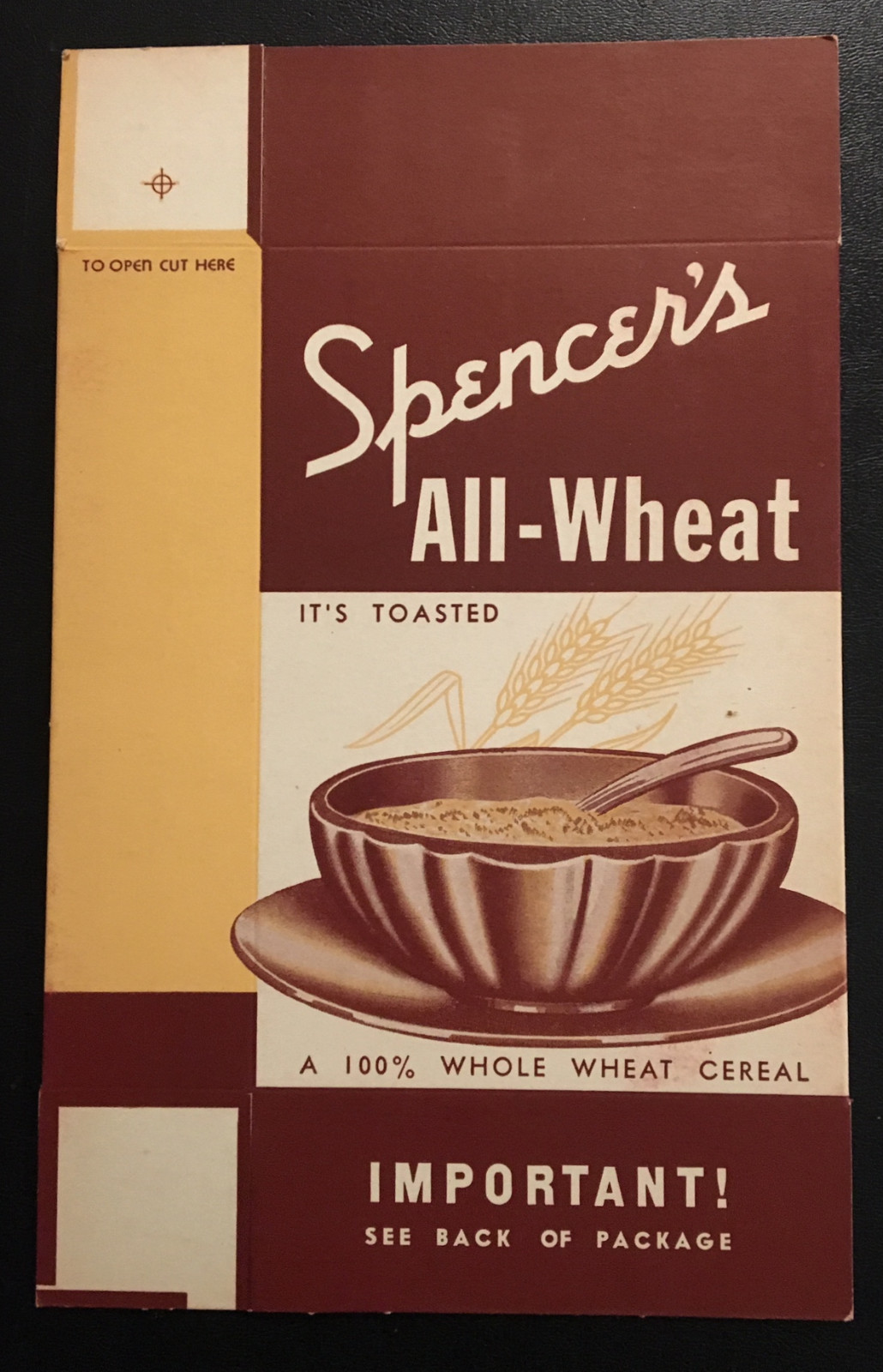 1930\'s Spencer\'s All-Wheat Cereal Box New Old Art Deco Stock -Burns, Tenn.