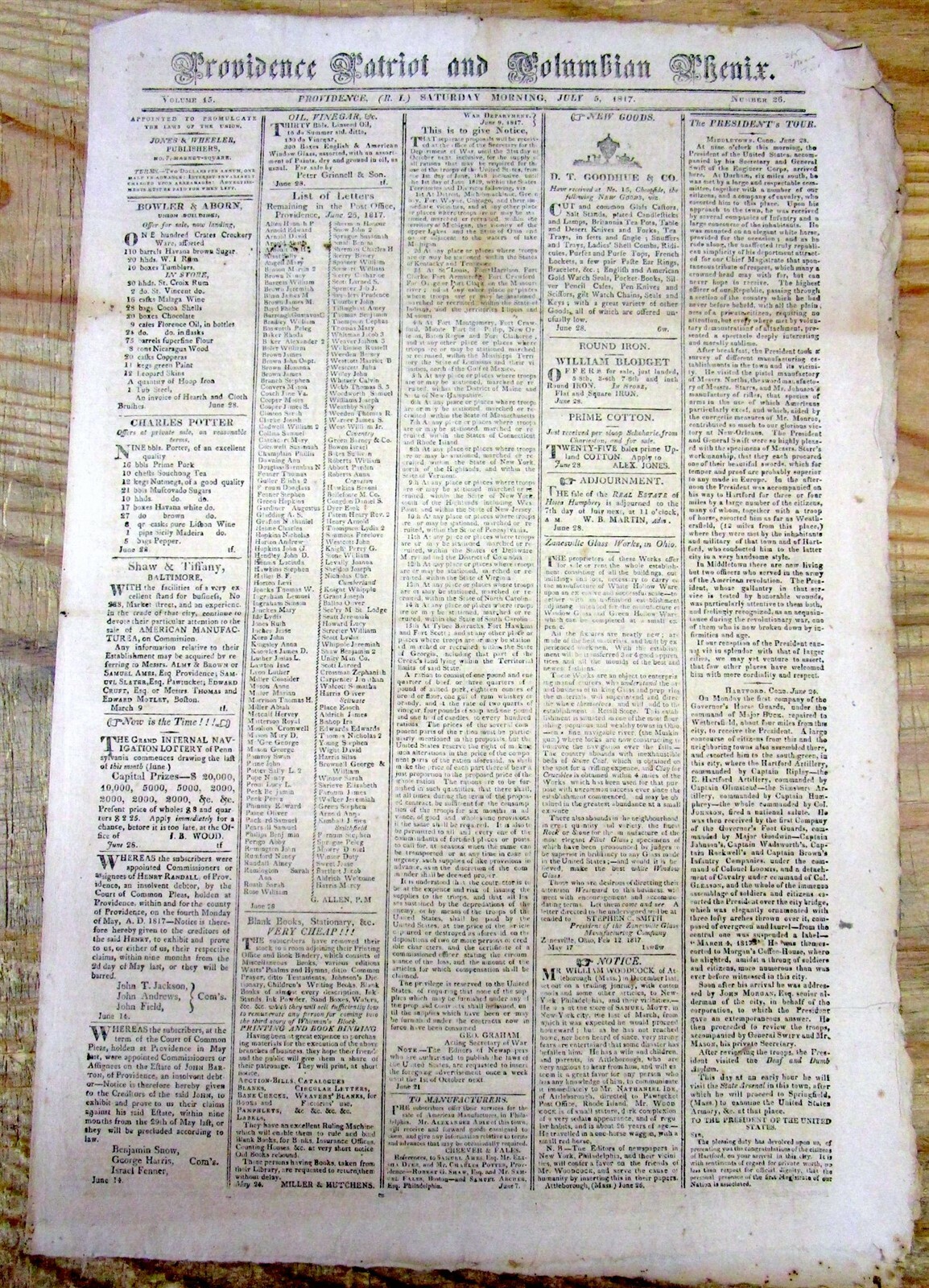 BEST 1817 newspaper PRESIDENT JAMES MONROE VISITS PROVIDENCE Rhode Island onTOUR