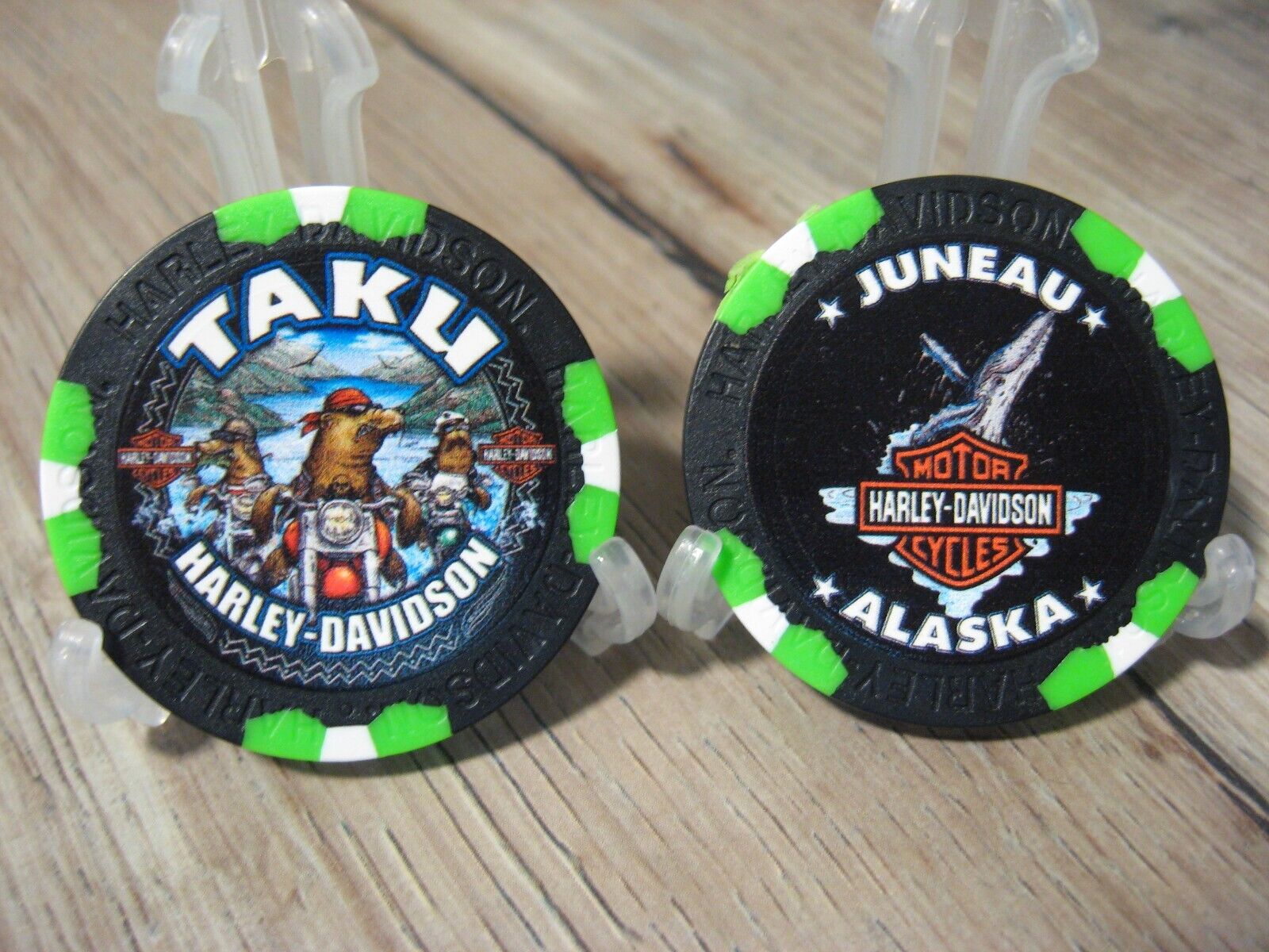 Taku Harley Davidson Emblem Picture Poker Chip - Juneau, Alaska - Black & Green