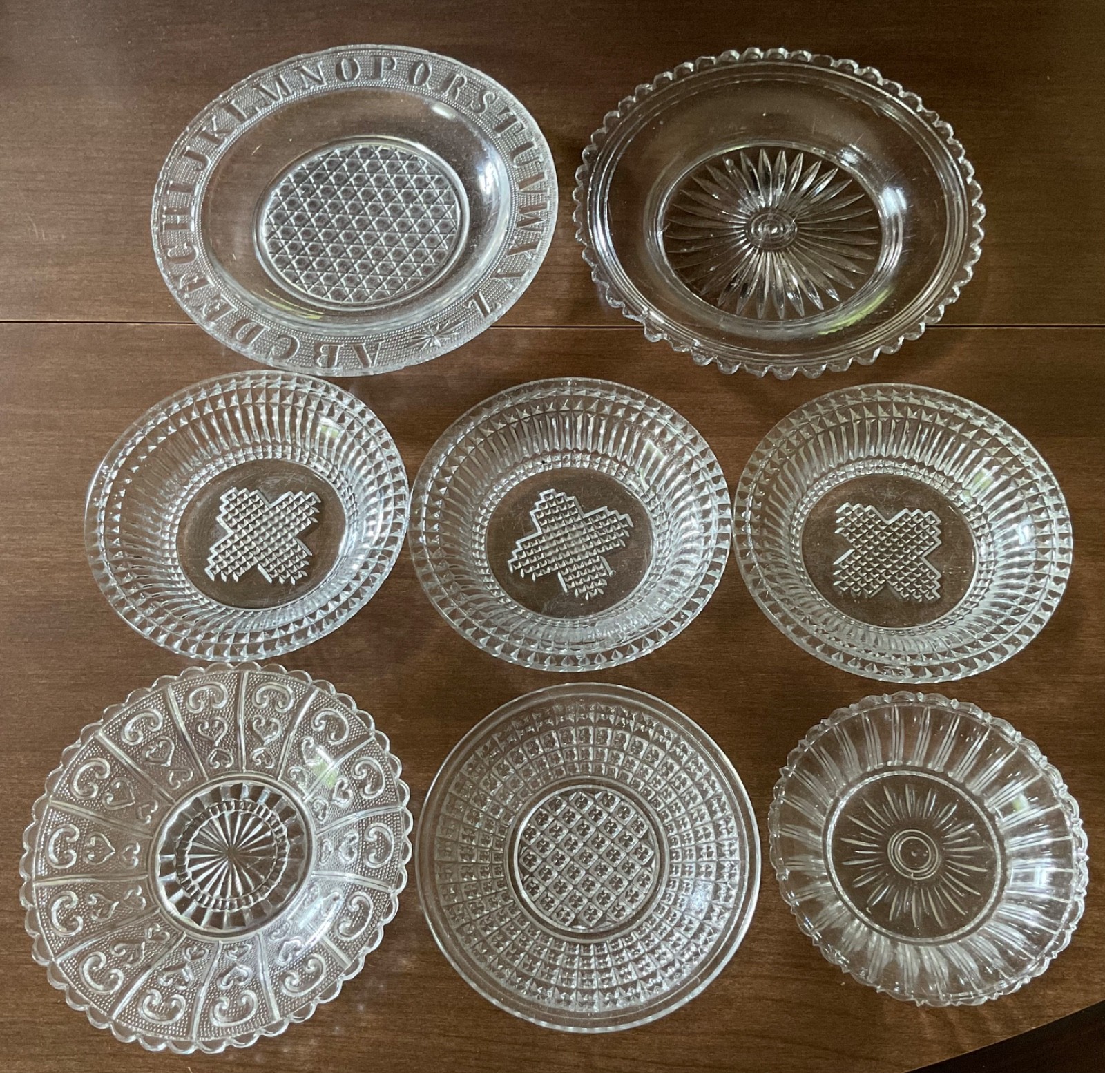 Lot of 8 VTG EAPG Glass Alphabet Plate Star Red Cross Small Bowls Heart & Scroll
