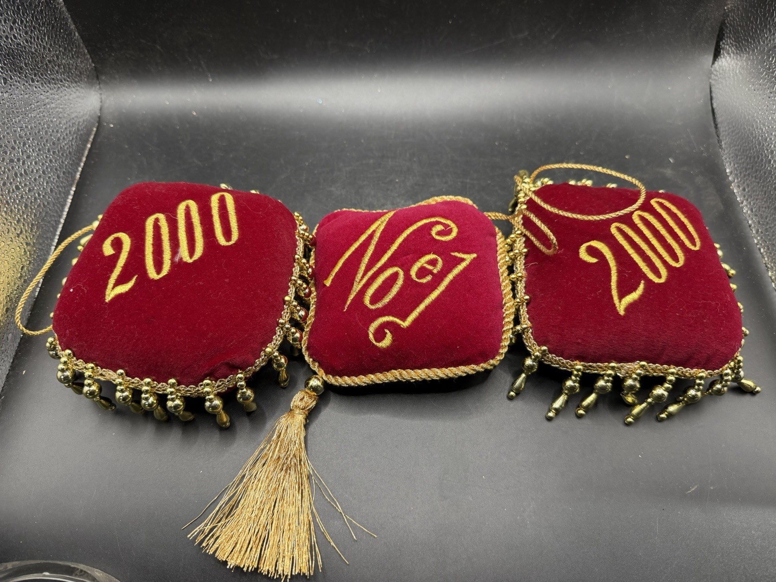 VTG 2000 Millenium Velvet Pillow Ornaments Gold Beaded Fringe Noel Set 3 