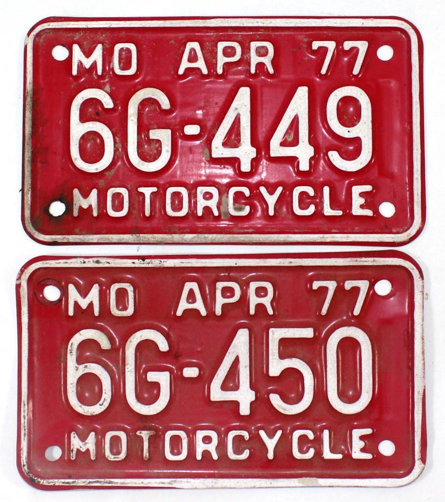 Rare Consecutive 1977 Missouri Motorcyle License Plates 6G-449 & 6G-450