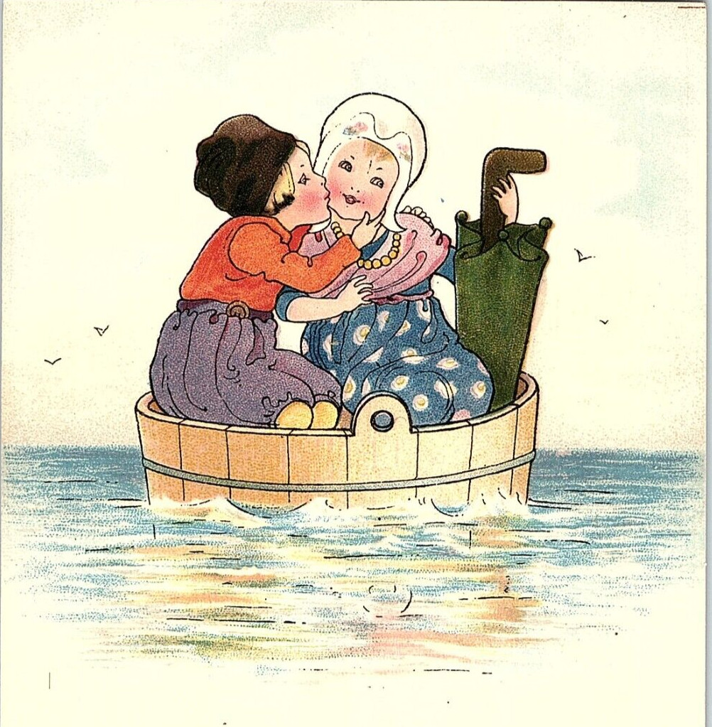 Dutch Girl & Boy in Barrel on Ocean Kissing Florence Hardy Unsigned Postcard F1 Dutch Girl & Boy in Barrel on Ocean Kissing Florence Hardy Unsigned Postcard F1