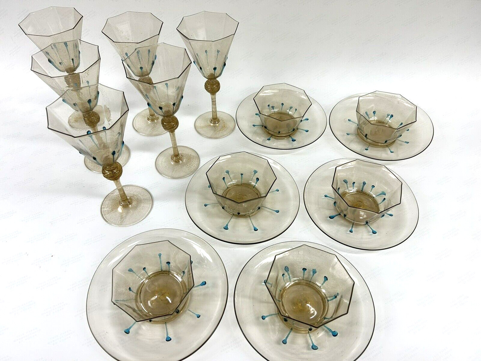 1920's Hand Blown Venetian Galliano Ferro Wine, Bowl, Plate 6 SETS Gold Flecks 1920's Hand Blown Venetian Galliano Ferro Wine, Bowl, Plate 6 SETS Gold Flecks