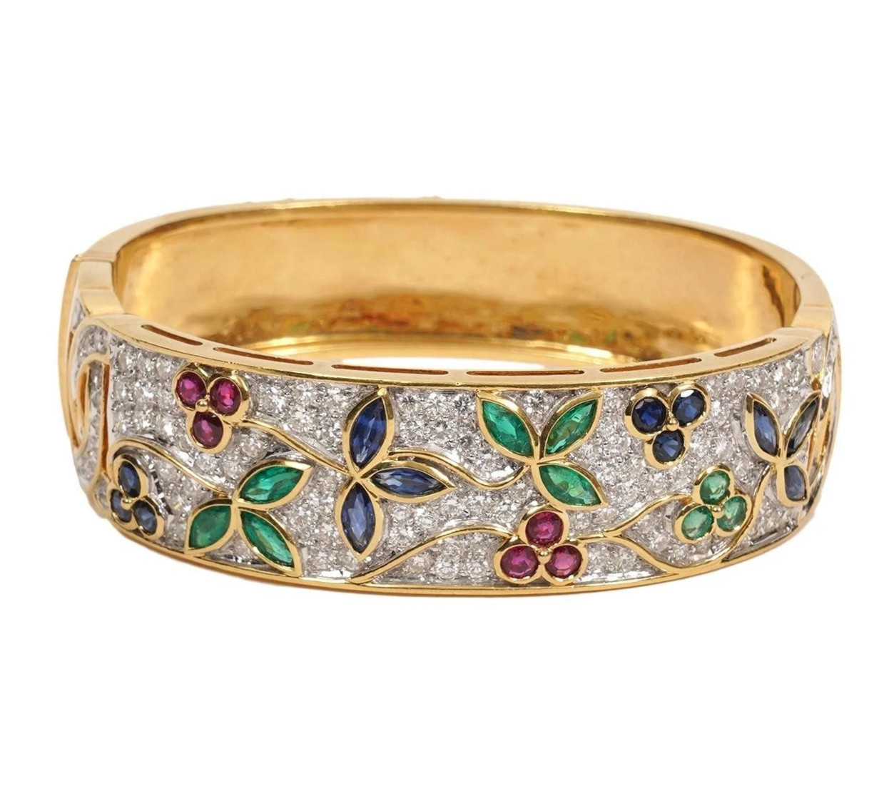 Diamond,Ruby,Emerald Sapphire Wide Hinged Bangle Bracelet 14k Yellow Gold Plated