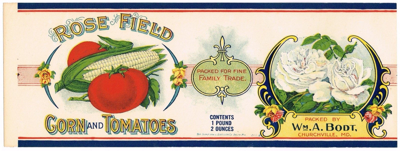 VINTAGE RARE CAN LABEL C1900 ROSE FIELD CHURCHVILLE MARYLAND WM. A BODT FLORAL