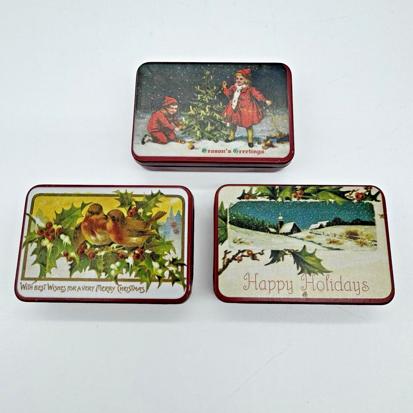 Lot 3 Vtg Mini Pocket Size Tins Seasons Greetings Happy Holidays Merry Christmas Lot 3 Vtg Mini Pocket Size Tins Seasons Greetings Happy Holidays Merry Christmas