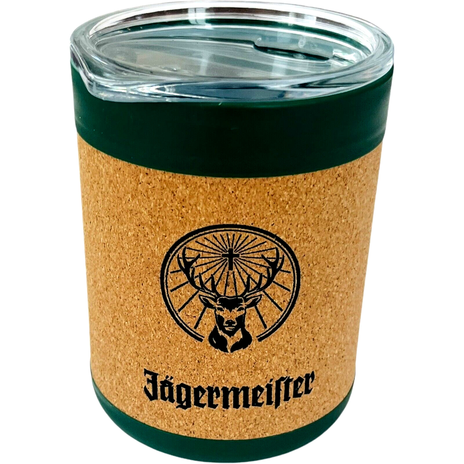 Jagermeister 10 oz Cork & Green Plastic Travel Tumbler with Lid - NEW