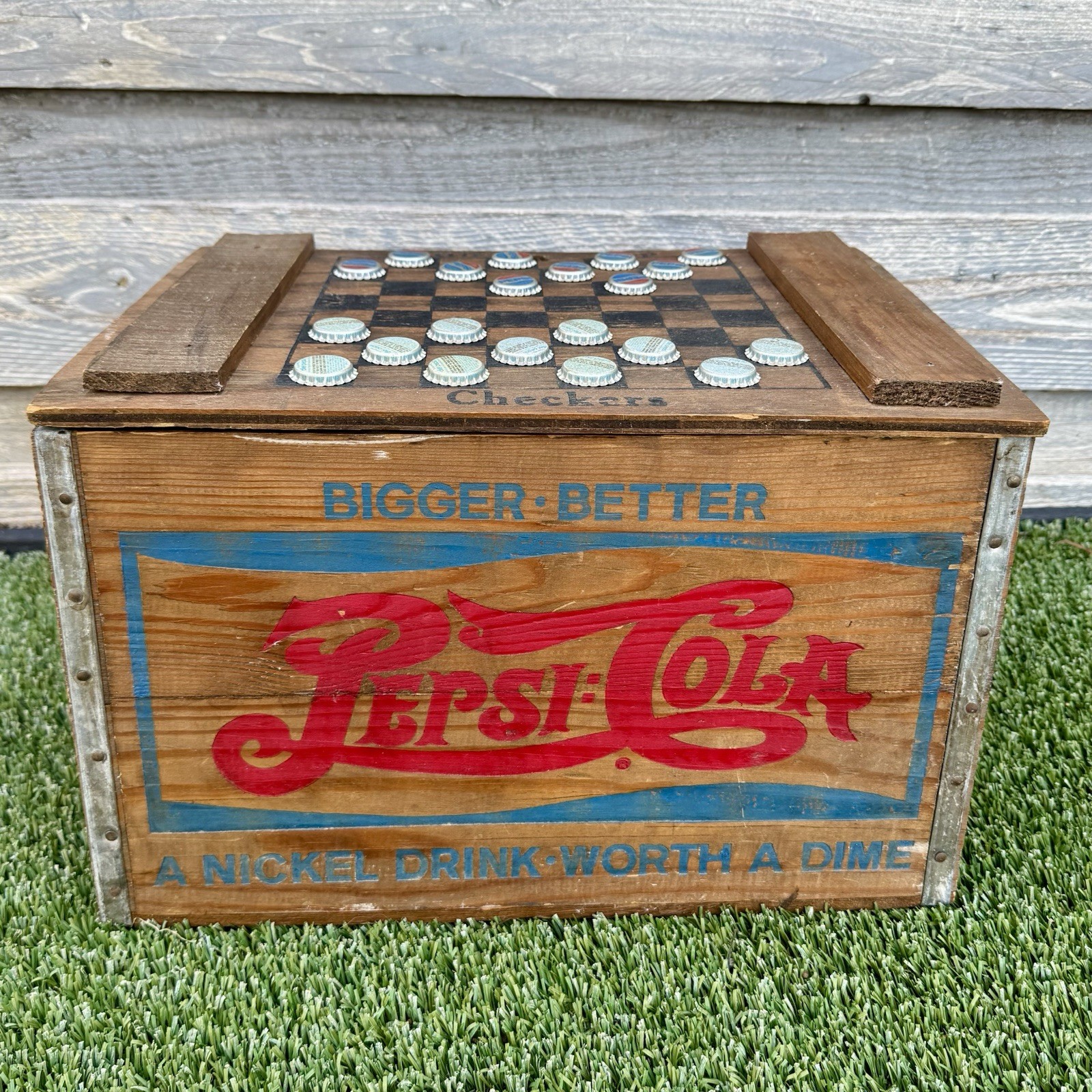 VTG Pepsi Cola Bottle Cap Checkers Original Lidded Wooden Nickel Crate Box READ