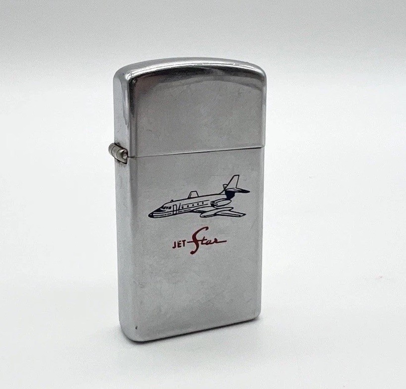 Vintage 60s Zippo Lighter Lockheed JetStar Airplane Graphic Chrome