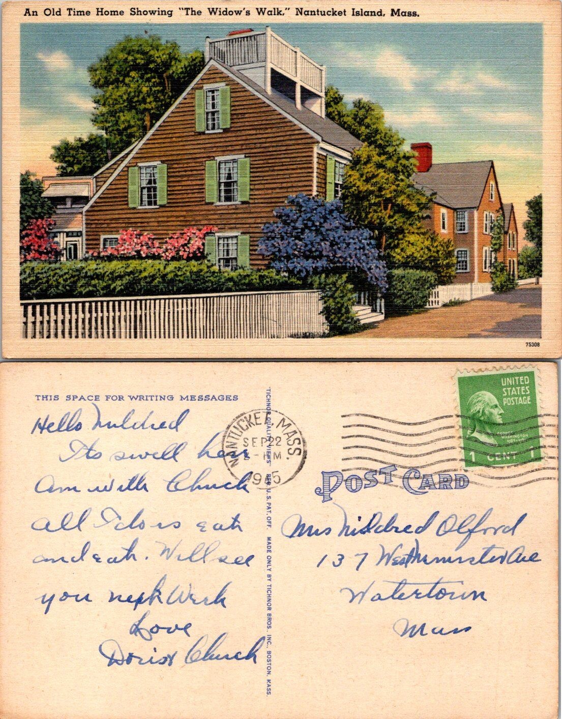 Nantucket Island Mass Postcard An Old Time Home Widows Walk Vintage 1955 Color
