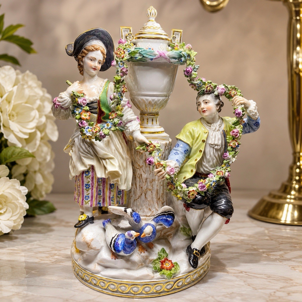 Antique Meissen Porcelain Liebesgruppe Lovers Group F88 / 61258 Acier 21.5cm