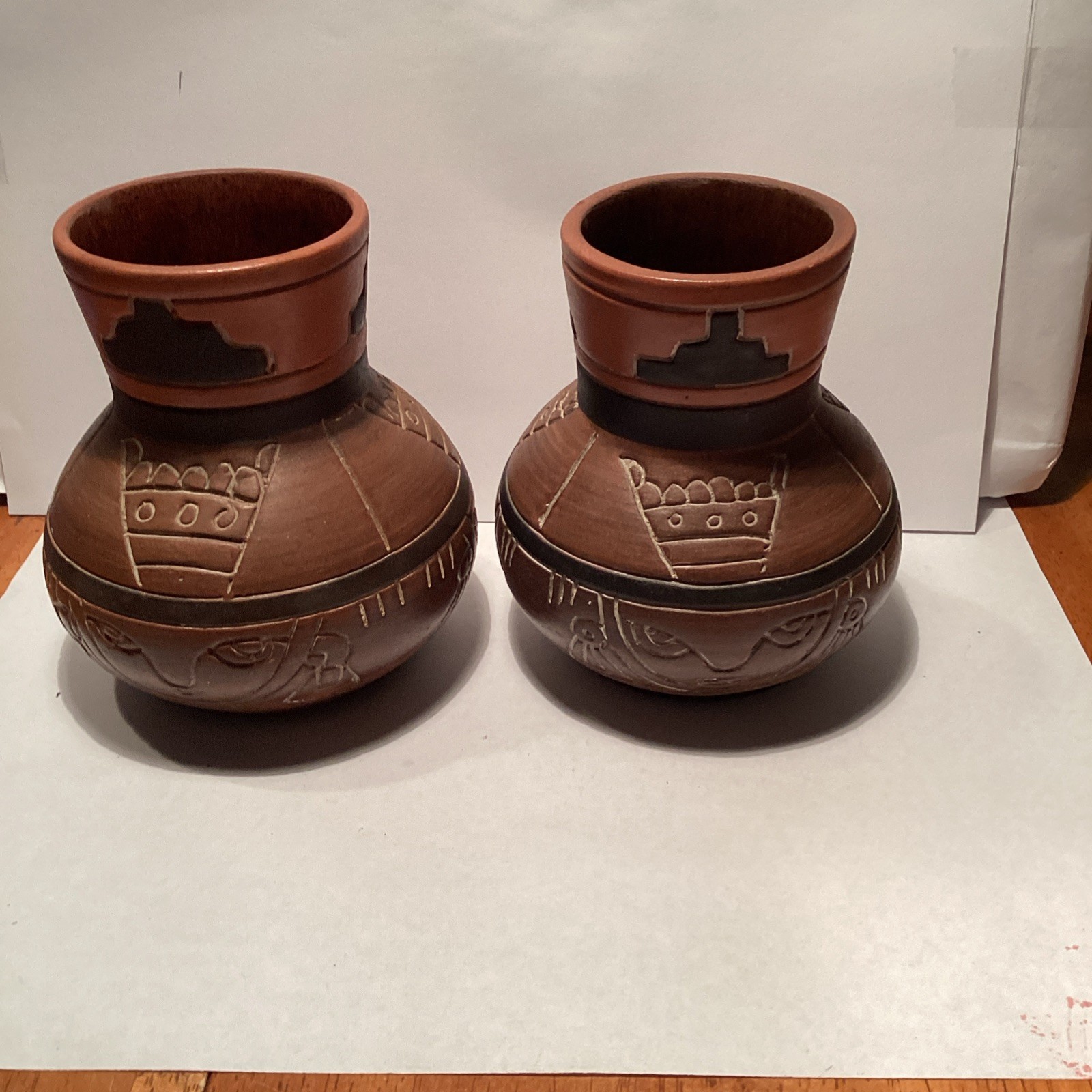 Vintage Mexican Folk Ark Sgraffito Red Clay Vases Vintage Mexican Folk Ark Sgraffito Red Clay Vases