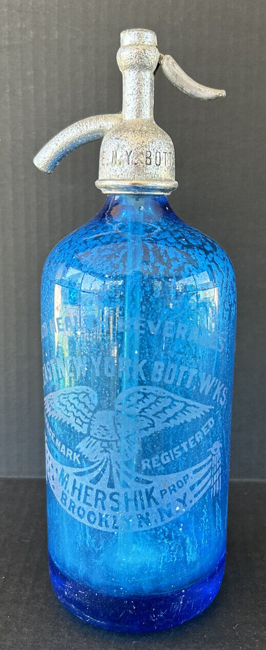 Antique Blue Seltzer Bottle New York Bottling Works Mancave Cottectible Barware