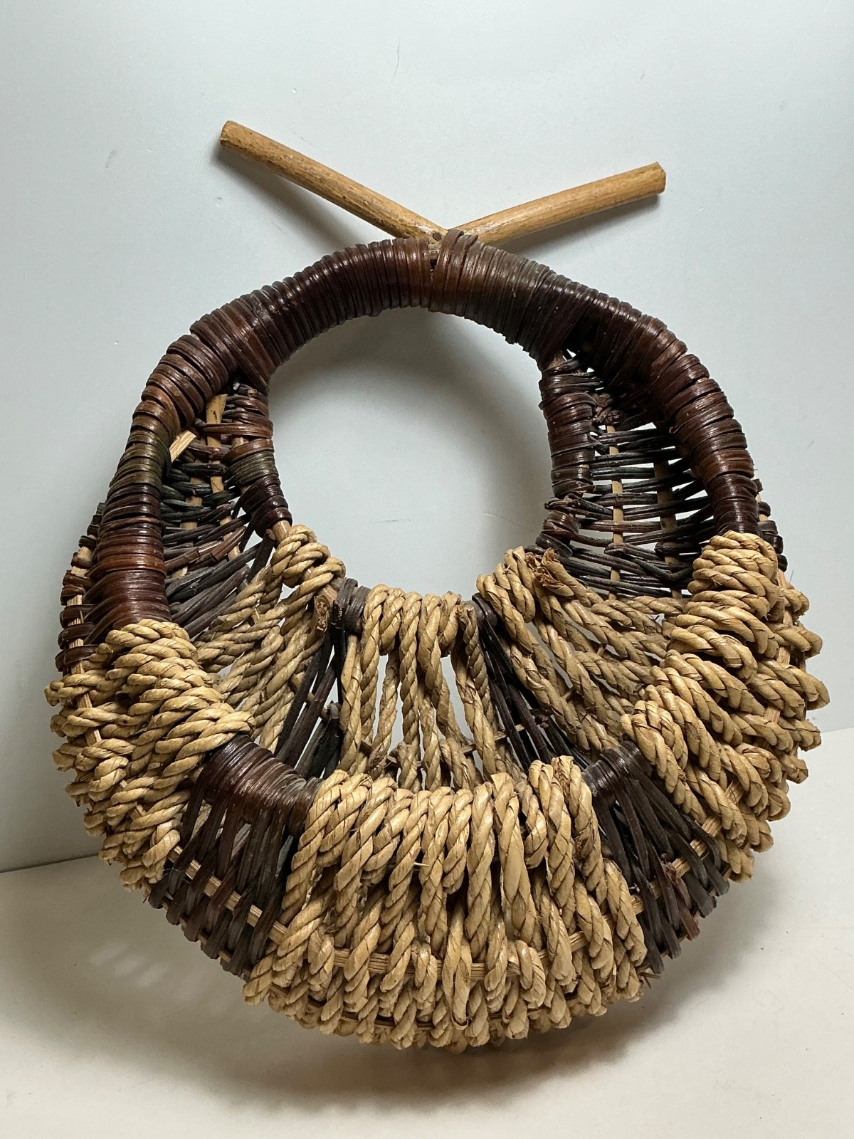Vintage Rustic Hand Woven Bamboo & Willow Wall Basket/Planter 15.5 in.