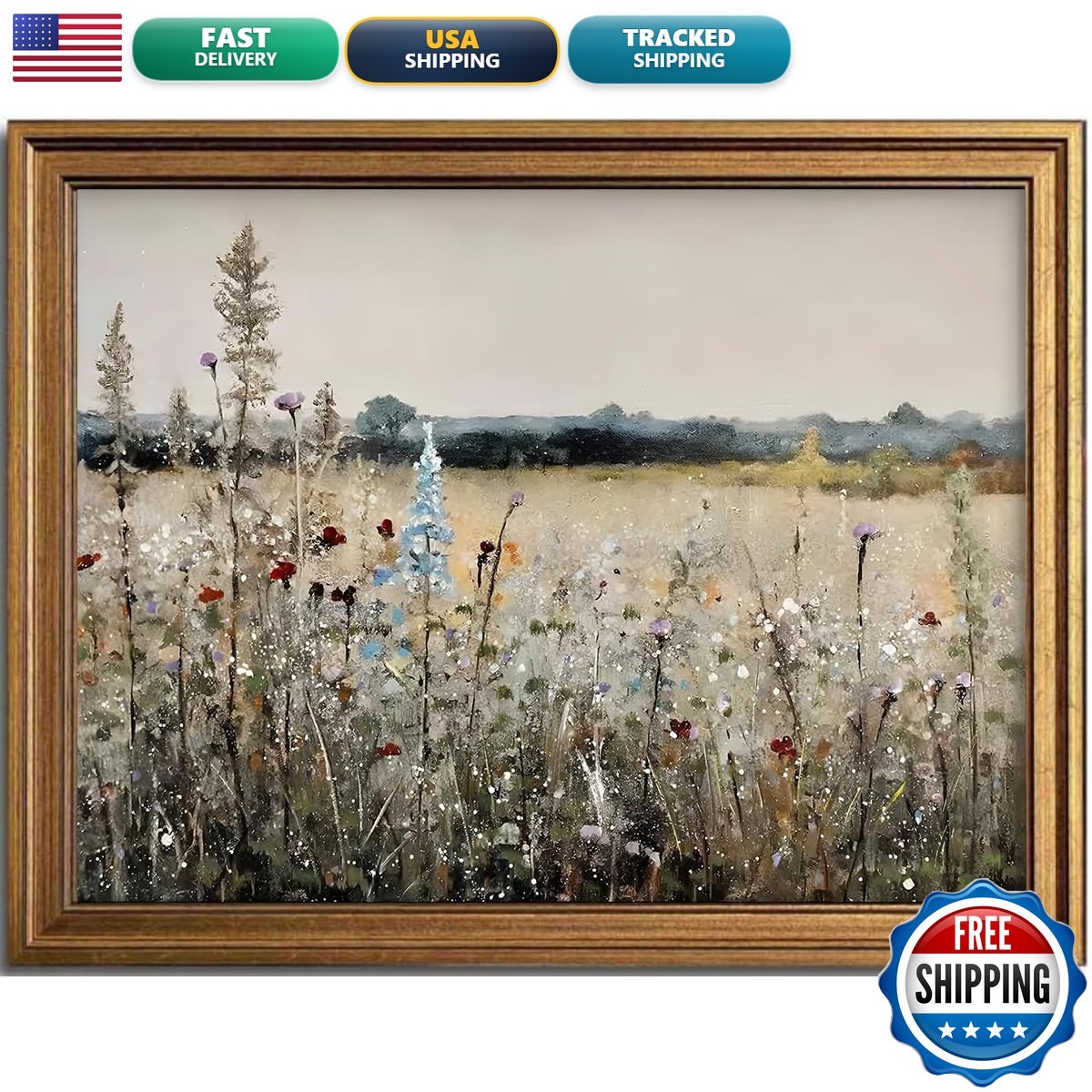 KBKBART Gold Framed Canvas Print Vintage Wildflower Field 12x16 Wall Art KBKBART Gold Framed Canvas Print Vintage Wildflower Field 12x16 Wall Art