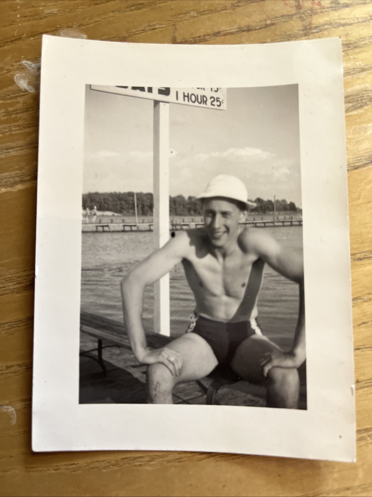 VINTAGE PHOTO SHIRTLESS YOUNG MAN IN Swim Trunks SNAPSHOT B/w Dock