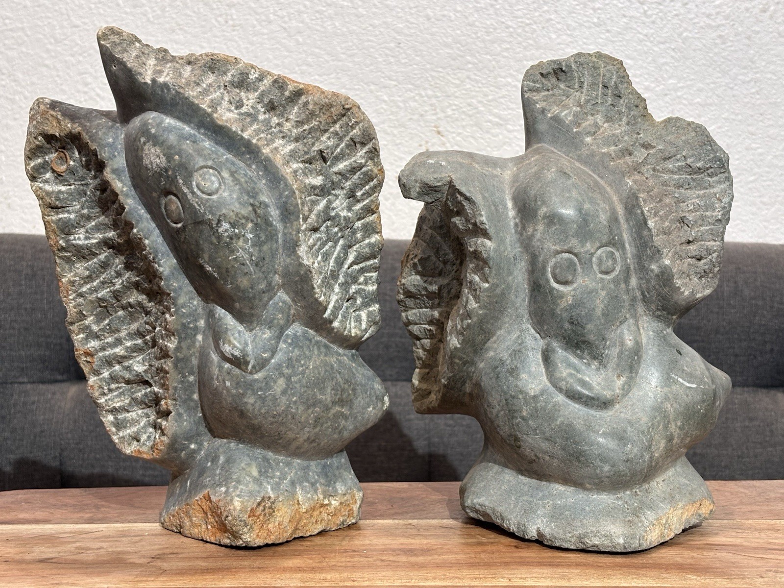 PAIR Vintage Shona Sculpture Hand Carved Abstract Figures Serpentine Zimbabwe PAIR Vintage Shona Sculpture Hand Carved Abstract Figures Serpentine Zimbabwe