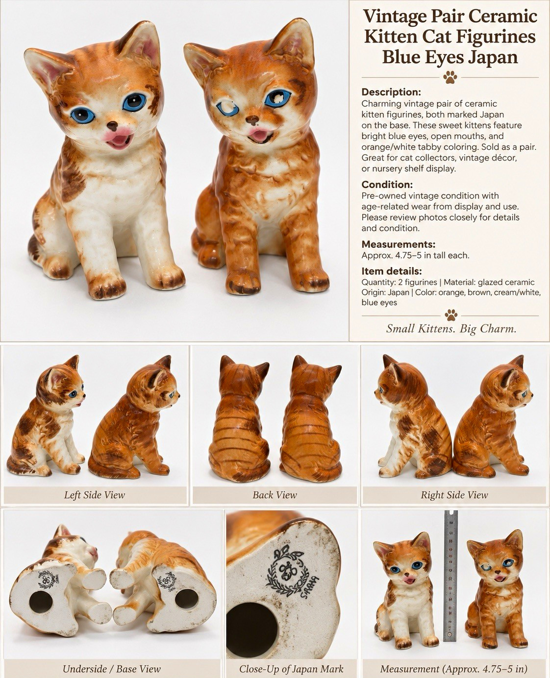 Japan Ceramic Kitten Cat Figurines Pair Blue Eyes 5” Mid Century Kitsch Vintage