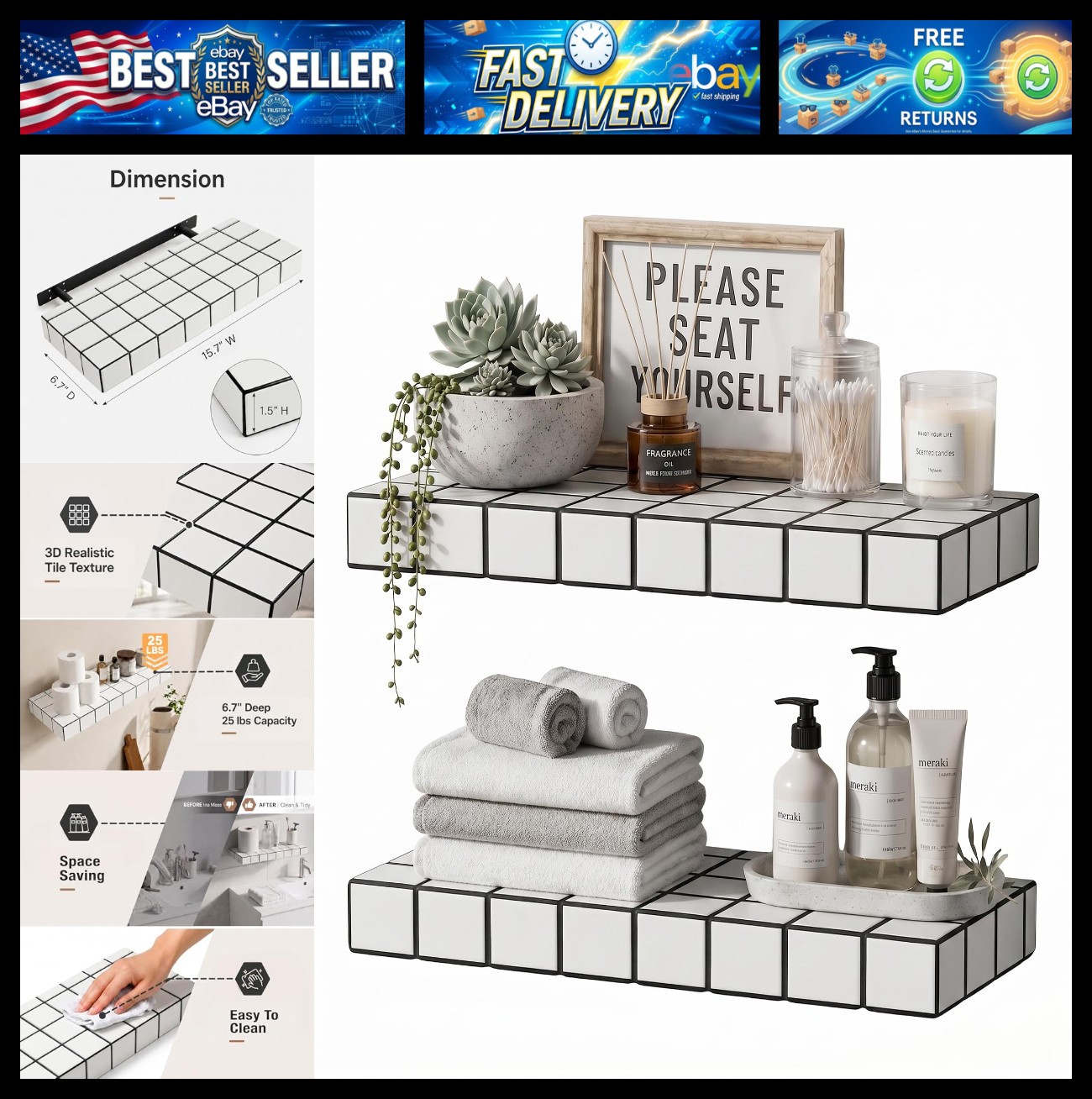 Floating Shelves, Set of 2, White with Black Lines