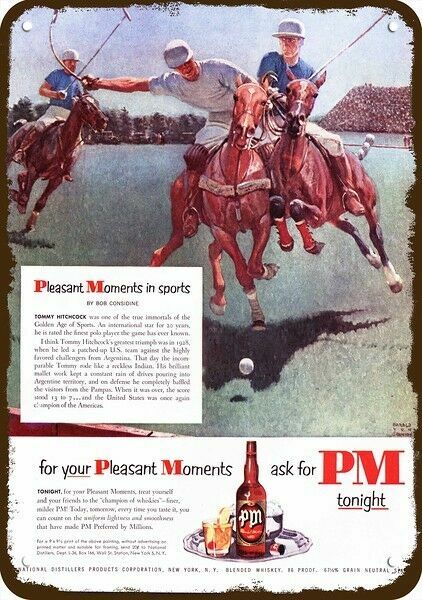 1951 PM Whiskey & Polo Horses Pony Vintage-Look DECORATIVE REPLICA METAL SIGN