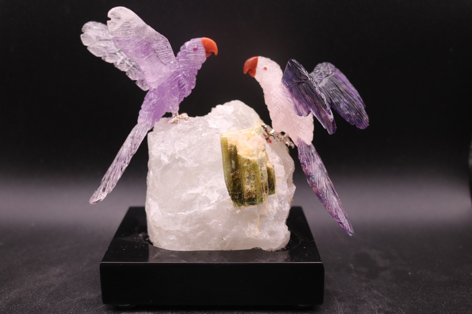 Peter Muller Hand Carved Amethyst, Quartz, & Fluorite Macaw Pair on Tourmaline Peter Muller Hand Carved Amethyst, Quartz, & Fluorite Macaw Pair on Tourmaline