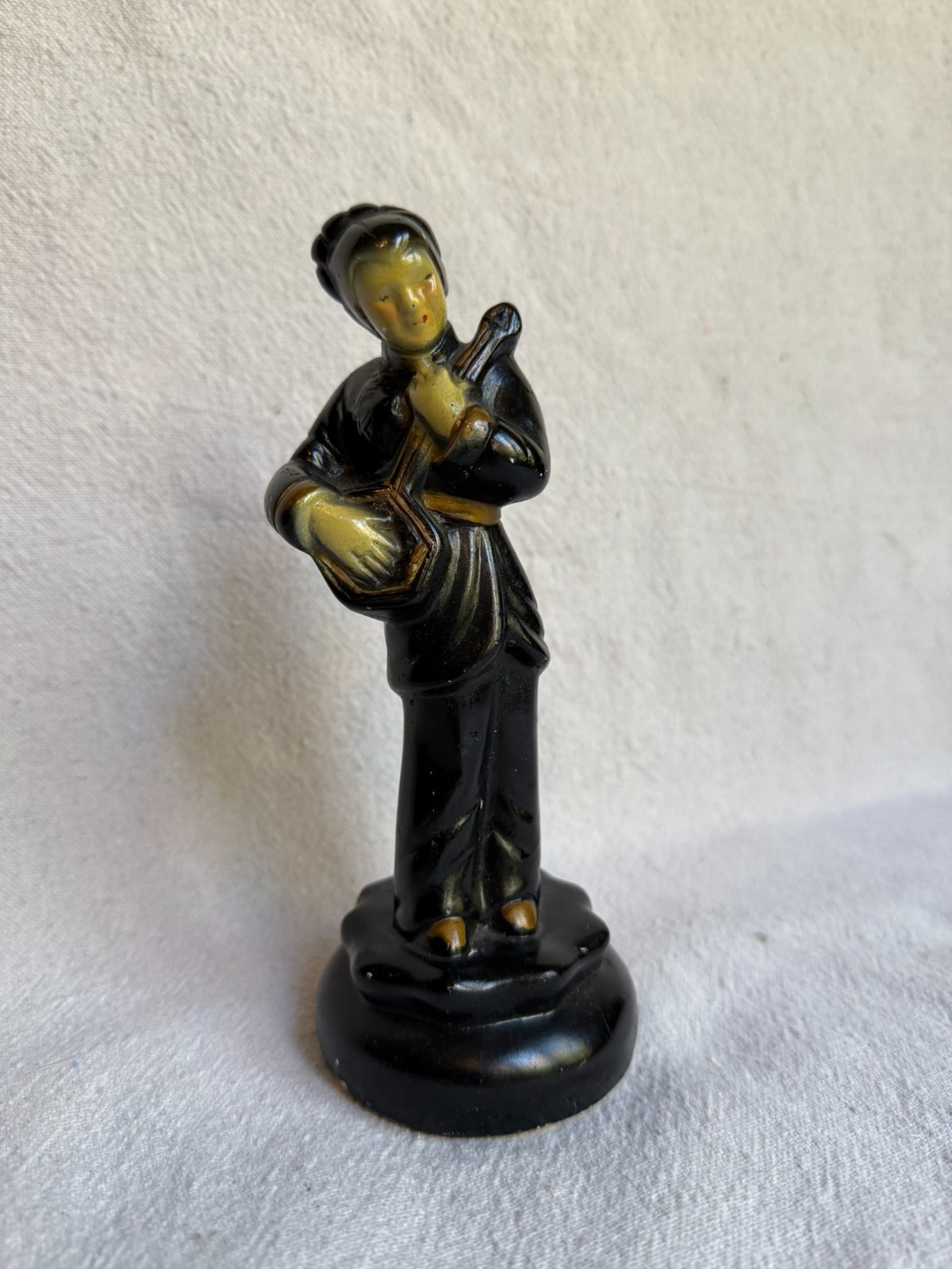 Vintage Mid Century Chalkware Asian Woman Musician Figurine Lute Black Gold